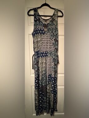 Fever Sz Large Navy Green White Printed Maxi Dress w/ removable black braid belt
